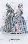 Старинная гравюра «Французская дамская мода 1830-х», багет, стекло, Франция, 1870-е