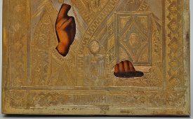 Старинная икона в латунном окладе и киоте «Святитель Николай Чудотворец», Россия, кон. 19, нач. 20 вв.