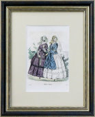 Старинная гравюра «Французская дамская мода 1849 года», багет, стекло, Франция, 1870-е