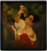 Лаковая шкатулка папье-маше «Девушка, собирающая виноград», художник Щагин, Федоскино, 1965 г.