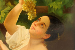 Лаковая шкатулка папье-маше «Девушка, собирающая виноград», художник Щагин, Федоскино, 1965 г.