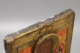 Старинная икона «Святой Николай Чудотворец», латунный оклад, Палех, 1-я пол. 19 в.