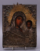 Икона в старинном латунном окладе "Образ Казанской Божьей Матери" 19 век.