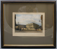 Гравюра «Париж, здания фондовой биржы и суда», Франция, 19 век