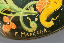 Винтажная круглая брошь «Жар-птица», художник Маркова Г. Г., Палех, 1968 г.