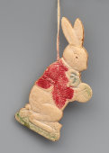 Старая подвесная ёлочная игрушка «Зайчик с мячом», советский картонаж, кон. 1930-х