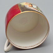 Агитационная чайная пара, чашка с блюдцем из сервиза «Оборонный» (Тачанка), художник Сазонов С. Е., фарфор, Вербилки, 1934-40 гг.