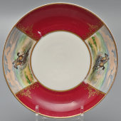 Агитационная чайная пара, чашка с блюдцем из сервиза «Оборонный» (Тачанка), художник Сазонов С. Е., фарфор, Вербилки, 1934-40 гг.