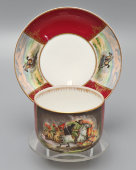 Агитационная чайная пара, чашка с блюдцем из сервиза «Оборонный» (Тачанка), художник Сазонов С. Е., фарфор, Вербилки, 1934-40 гг.