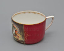 Агитационная чайная пара, чашка с блюдцем из сервиза «Оборонный» (Тачанка), художник Сазонов С. Е., фарфор, Вербилки, 1934-40 гг.