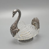 Старинная настольная сервировочная чаша «Лебедь», хрусталь, белый металл, Германия, 1-я пол. 20 в.