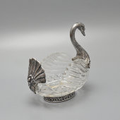 Старинная настольная сервировочная чаша «Лебедь», хрусталь, белый металл, Германия, 1-я пол. 20 в.