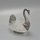 Старинная настольная сервировочная чаша «Лебедь», хрусталь, белый металл, Германия, 1-я пол. 20 в.