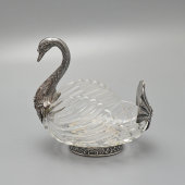 Старинная настольная сервировочная чаша «Лебедь», хрусталь, белый металл, Германия, 1-я пол. 20 в.