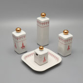 Сувенирный набор для специй «Москва Олимпиада-80»: флакон для уксуса и масла, солонка, перечница, горчичница, подставка, Минский фарфоровый завод, 1980 г.