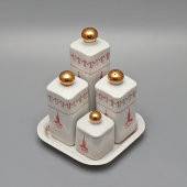 Сувенирный набор для специй «Москва Олимпиада-80»: флакон для уксуса и масла, солонка, перечница, горчичница, подставка, Минский фарфоровый завод, 1980 г.