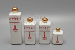 Сувенирный набор для специй «Москва Олимпиада-80»: флакон для уксуса и масла, солонка, перечница, горчичница, подставка, Минский фарфоровый завод, 1980 г.