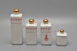 Сувенирный набор для специй «Москва Олимпиада-80»: флакон для уксуса и масла, солонка, перечница, горчичница, подставка, Минский фарфоровый завод, 1980 г.