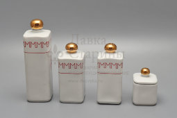 Сувенирный набор для специй «Москва Олимпиада-80»: флакон для уксуса и масла, солонка, перечница, горчичница, подставка, Минский фарфоровый завод, 1980 г.