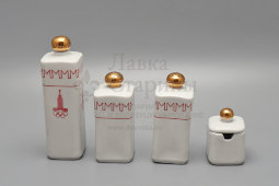 Сувенирный набор для специй «Москва Олимпиада-80»: флакон для уксуса и масла, солонка, перечница, горчичница, подставка, Минский фарфоровый завод, 1980 г.