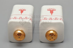 Сувенирный набор для специй «Москва Олимпиада-80»: флакон для уксуса и масла, солонка, перечница, горчичница, подставка, Минский фарфоровый завод, 1980 г.