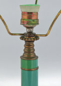Винтажная советская настольная лампа с зеленым абажуром «Дубрава», латунь, стекло, 1950-е