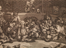 Старинная гравюра в паспарту «Петушиный бой. Королевский спорт», по оригиналу Уильяма Хогарта 1759 года, Европа, 19 в.