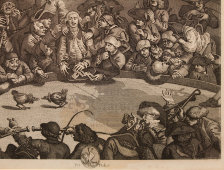 Старинная гравюра в паспарту «Петушиный бой. Королевский спорт», по оригиналу Уильяма Хогарта 1759 года, Европа, 19 в.