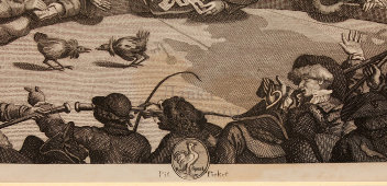 Старинная гравюра в паспарту «Петушиный бой. Королевский спорт», по оригиналу Уильяма Хогарта 1759 года, Европа, 19 в.