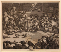 Старинная гравюра в паспарту «Петушиный бой. Королевский спорт», по оригиналу Уильяма Хогарта 1759 года, Европа, 19 в.