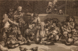 Старинная гравюра в паспарту «Петушиный бой. Королевский спорт», по оригиналу Уильяма Хогарта 1759 года, Европа, 19 в.