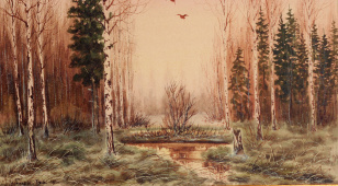 Картина «Тяга», Россия, 1911 г., художник Биназ, картон, акварель, белила.