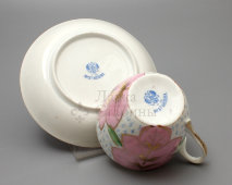 Антикварная чайная пара с розовыми цветами, фарфор, 19 век, завод М. С. Кузнецова