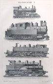 Комплект старинных гравюр «Паровозы», словарь Ф. А. Брокгауза и И. А. Ефрона, Россия, н. 20 в.