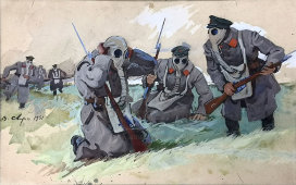 Картина «Наступление в противогазах», художник Сварог В. С., СССР, 1931 г.