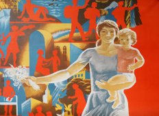Советский плакат с женщиной, которая держит в одной руке цветы, а во второй ребенка, изд-во «Коммунар», 1987 г.