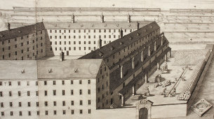 Старинная гравюра «Шерстяная фабрика в Австралии»