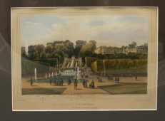 Гравюра «Вид на каскад фонтанов и дворец», Франция, 19 век