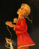 Лаковая шкатулка папье-маше «Покорение космоса», художник Карева Г., Федоскино, 1977 г.