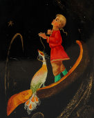 Лаковая шкатулка папье-маше «Покорение космоса», художник Карева Г., Федоскино, 1977 г.