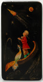 Лаковая шкатулка папье-маше «Покорение космоса», художник Карева Г., Федоскино, 1977 г.