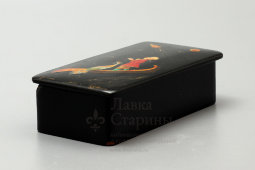 Лаковая шкатулка папье-маше «Покорение космоса», художник Карева Г., Федоскино, 1977 г.