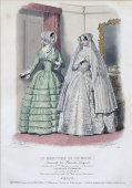 Старинная гравюра «Свадебное платье» из журнала «Монитор моды», багет, стекло, Франция, 1840-е