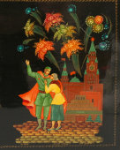 Часы «Весна, Салют Победы», художник Т. В. Дикина, лак, ручная роспись, Мстера, 1975 г.