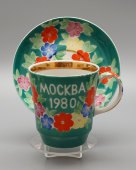 Фарфоровая кружка с блюдцем «Москва 1980», сувенир Олимпиады-80, Дулево