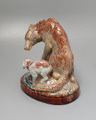 Статуэтка «Волк и ягненок», скульптор Абрамов Д., керамика, СХФ №1, Гжель, 1950-е