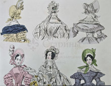 Старинная гравюра в паспарту «Вечерние и утренние платья», бумага, Англия, 1836 г.