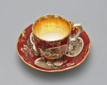 Старинная чайная пара, чашка с блюдцем «Пышные цветы», фарфор, завод Попова, сер. 19 в.