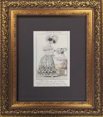 Старинная гравюра «Мода Парижа: маленькие дамские аксессуары», багет, стекло, Франция, 19 в.