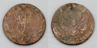 Старинная медная монета «Пять копеек», Екатерина II, Россия, 1781 г.